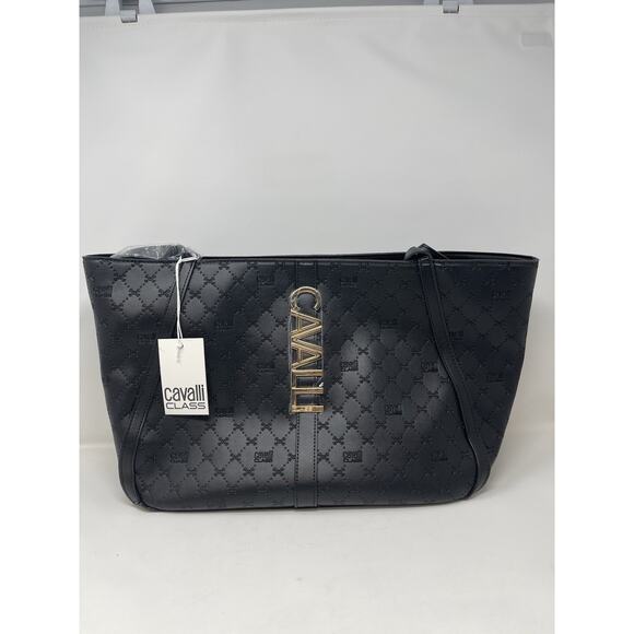 NEW Cavalli Class Sandra Shopper Tote Bag Black Onyx Logo Medium NWT $118 MSRP - Picture 1 of 13